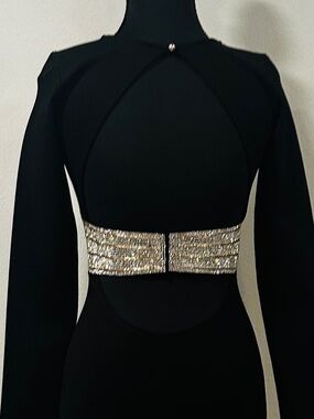 Black Long Sleeve Cutout Dress with Silver Sequin Waist